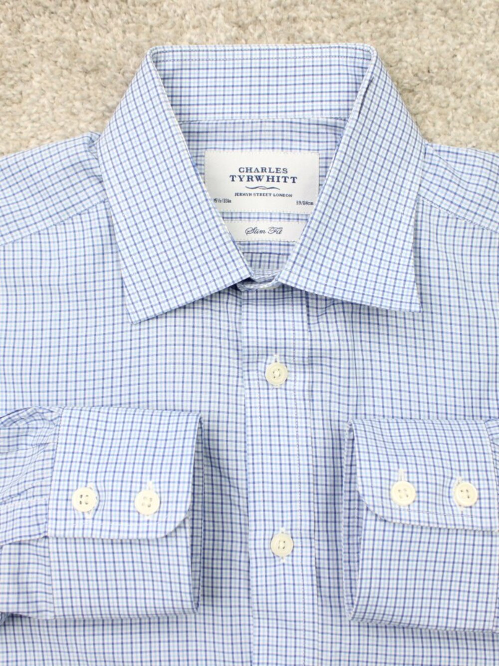 Charles Tyrwhitt Shirt Mens 15 1/2, 33 Blue Check Slim Fit Cotton Long Sleeve